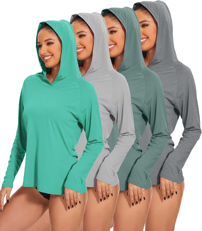 Kinglaman 4 Pack Women's UPF 50+ Hoodie Long Sleeve Hiking UV Sun Shirts