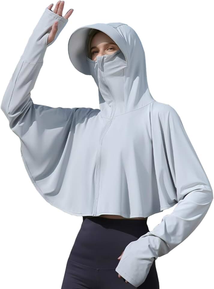 Womens UPF 50+ Sun Hoodie Shirts with Mask and Brim,Long Sleeve UV Protection Ice Silk Sunscreen Clothes