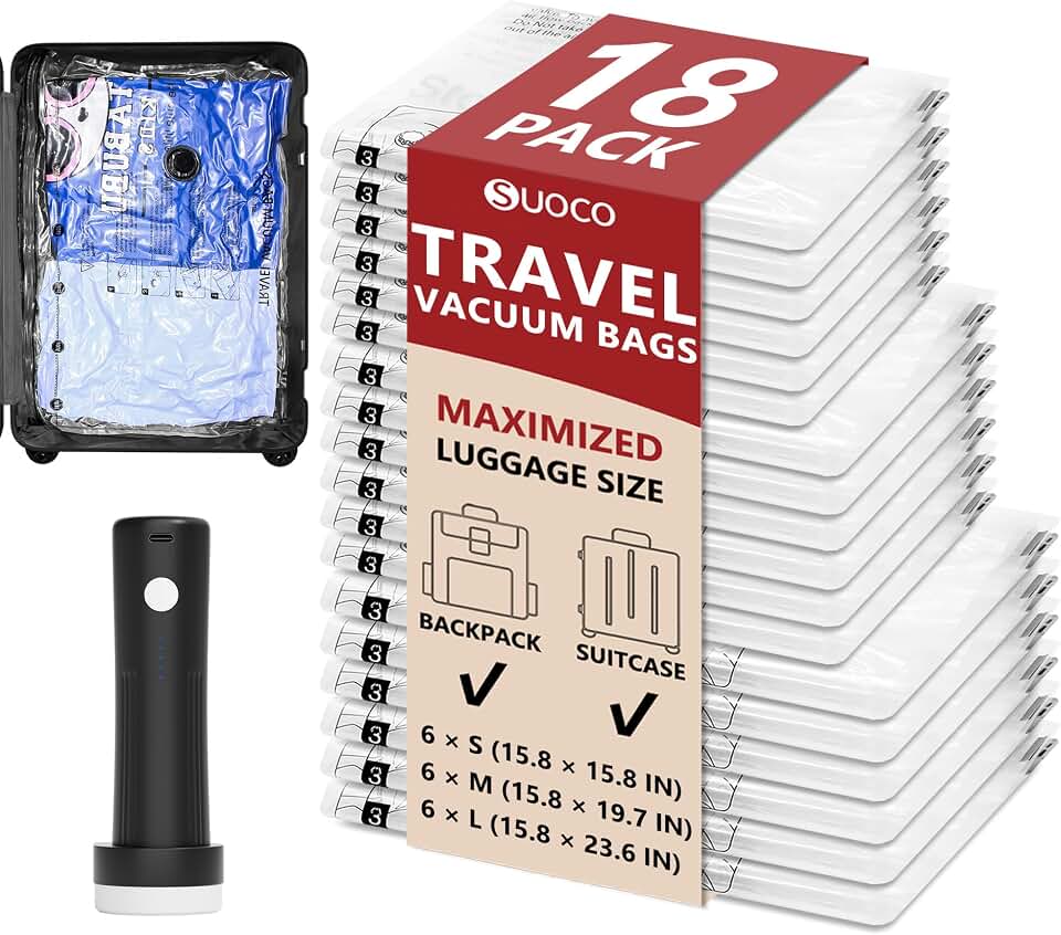 SUOCO Travel Vacuum Bags for Clothing with Cordless Pump 18 Combo, Clear | Compression Packing Cubes Organizer Storage for Luggage Suitcase, Space Saver Seal Bags for Vacation Cruise Recycled Claim Standard 100