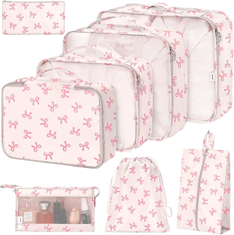 hatisan 8 Set Packing Cubes for Suitcases,Suitcase Organizer with Shoe,Cosmetics,Clothing, and Accessories Bags for Travel Luggage Organizer Women Men(Pink Bows)