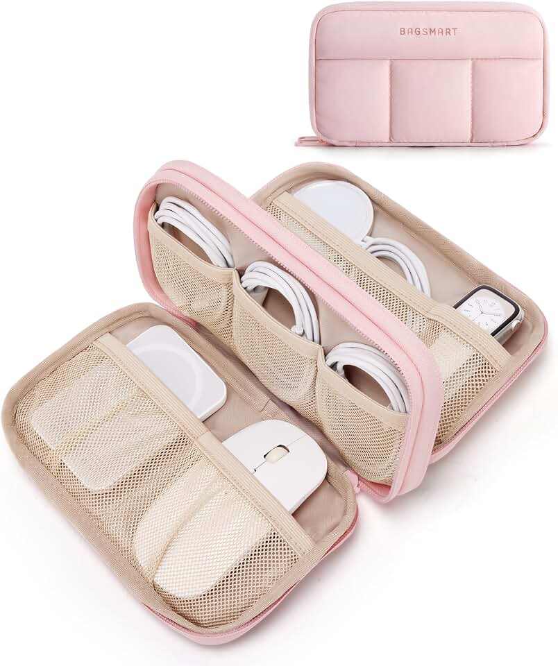 BAGSMART Electronics Organizer Travel Case for Cords Chargers Phones, Pink