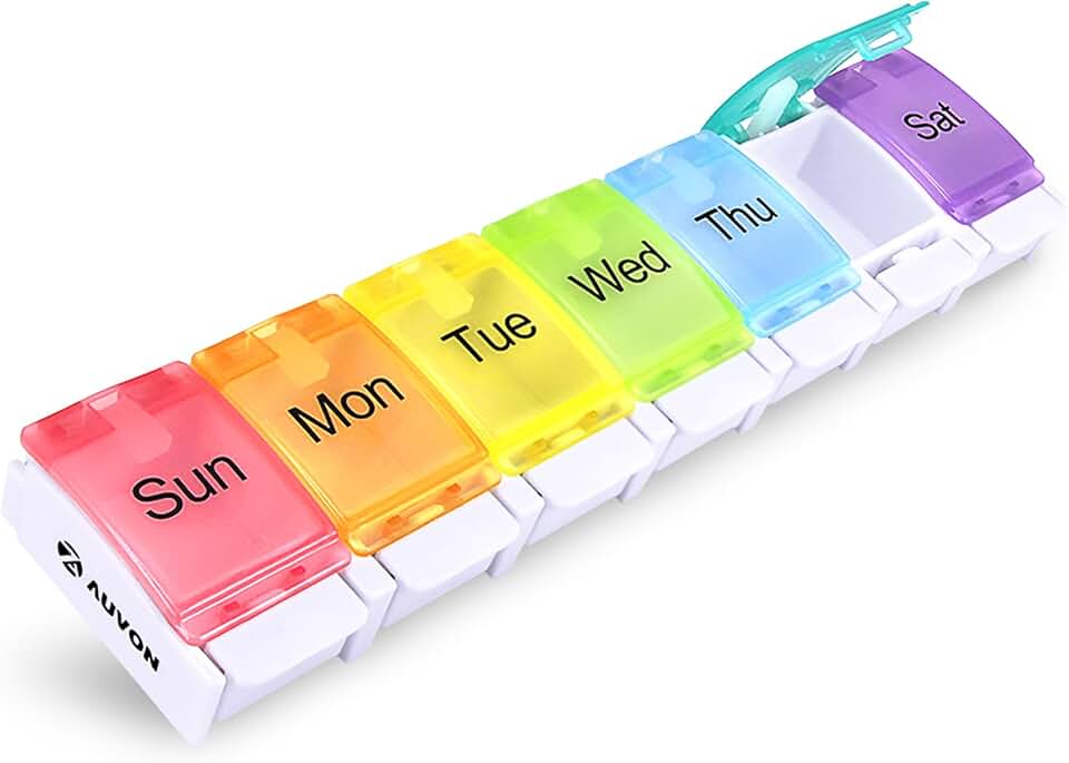 AUVON AUVON Weekly Pill Organizer Arthritis Friendly, BPA Free Travel 7 Day Pill Box Case with Spring Open Design and Large Compartment to Hold Vitamins, Cod Liver Oil, Supplements and Medication Global Recycled Standard