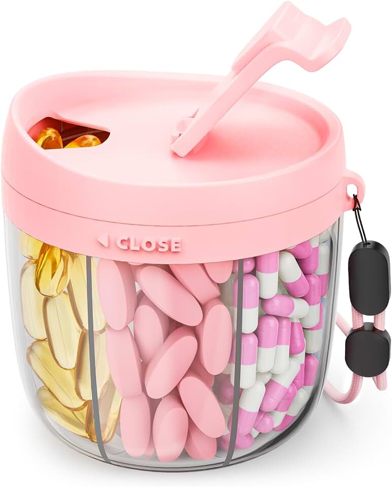 AMOOS AMOOS Cute Pill Dispenser with Anti-Mix Design, 7-Slot, BPA-Free, Patented | Portable Travel Pill Organizer, Wide Mouth for Easy Access, Pill Bottle Organizer for Vitamins, Fish Oils, Supplements, Pink Global Recycled Standard