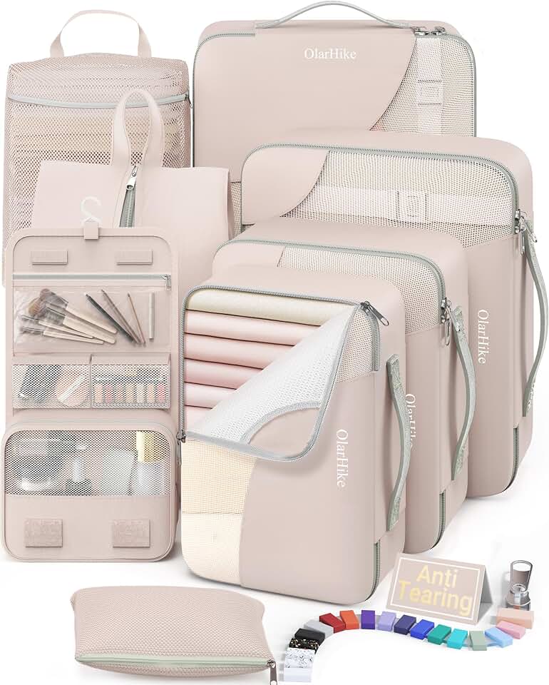 OlarHike 8 Set Packing Cubes for Travel, Gifts for Women Mom,Anti-Tearing Suitcase Organizer for Luggage with Shoe &amp; Hanging Toiletry Bag,OlarHike Vacation Essentials &amp; Accessories for Cruise Ship Global Recycled Standard