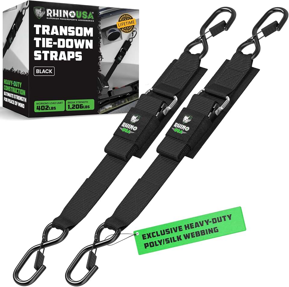 Rhino USA Boat Transom Straps (2-Pack) - Trailer Tie Downs for Boats | 2in x 48in Adjustable Tie Downs to Trailer. Ultimate Transom Straps for Trailering Safety with Boat, Jet Ski &amp; Pontoon.
