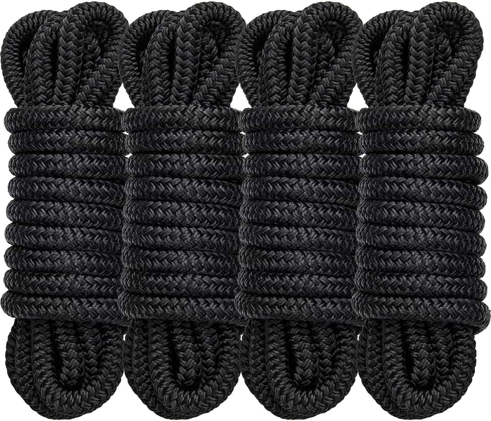 4 Pack 1/2" x 15' Dock Lines, Improved Nylon Boat Ropes, Black | Double Braided Boat Lines for Docking with 12" Loop, Marine-Grade High Strength Dock Ropes for Boats, Pontoons, Fishing Boats Global Recycled Standard