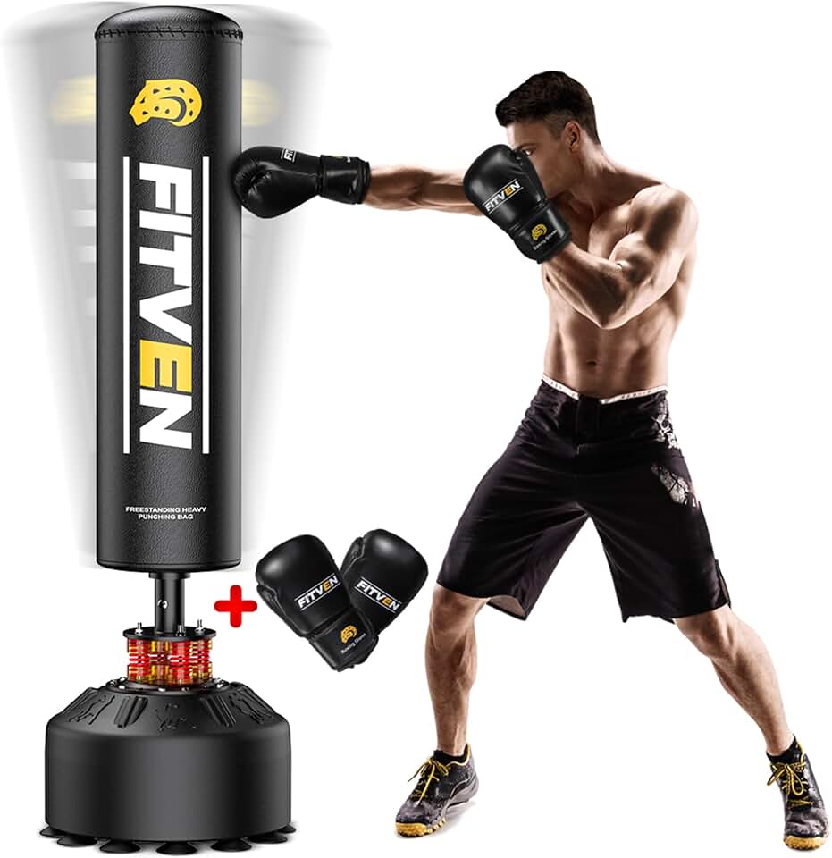 FITVEN 70'' Freestanding Punching Bag with Boxing Gloves, Heavy Boxing Bag featuring Suction Cup Base, Stand Kickboxing Bag for Adult-Teens Family Home Gym Training Equipment
