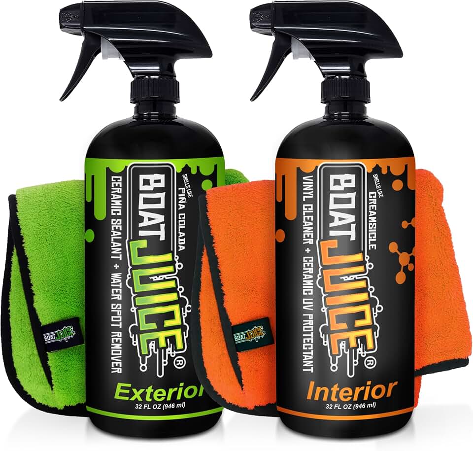 Boat Juice Necessity Boat Cleaner Kit | Exterior Water Spot Remover, Interior Seat &amp; Vinyl Cleaner, 2 Microfiber Towels | Boat Cleaning &amp; Detailing Kit, Marine Accessories | Made in USA (Kit)