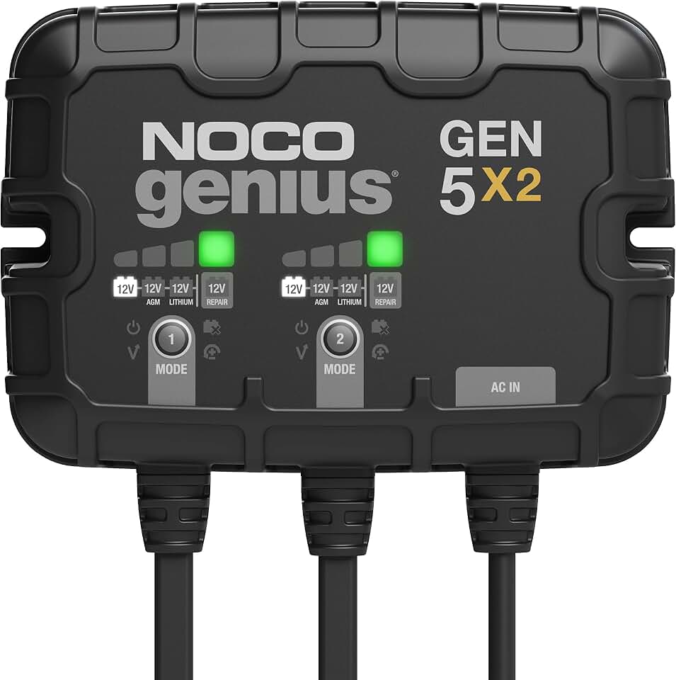 NOCO GEN5X2 12V 10A 2-Bank OnBoard Marine Battery Charger &amp; Maintainer | Charges 2 Batteries at Once, IP68 Waterproof, Overcharge Protection, Temperature Compensation, For Lead-Acid &amp; Lithium