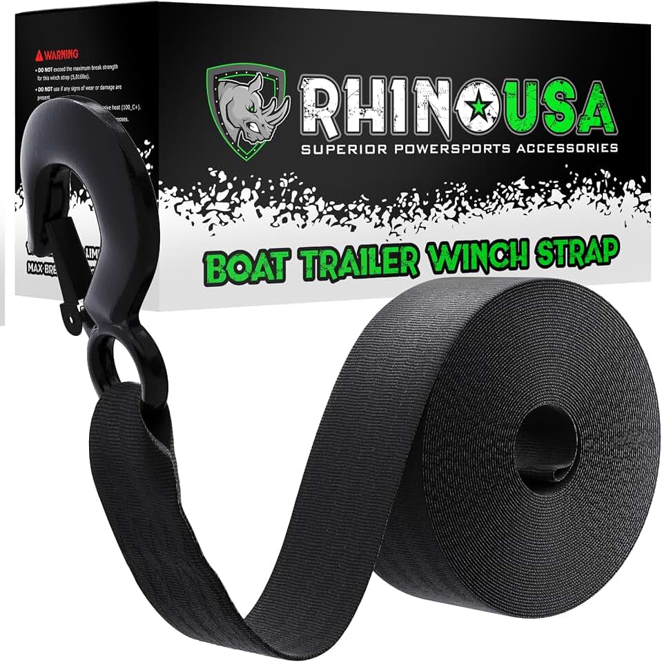 Rhino USA Boat Winch Strap with Hook (2in x 20ft) - 5,016lb | 5,016lb Break Strength Replacement Winch Strap with Safety Hook. Compatible with Pontoon, Jet Ski, Fishing Boat &amp; PWC.