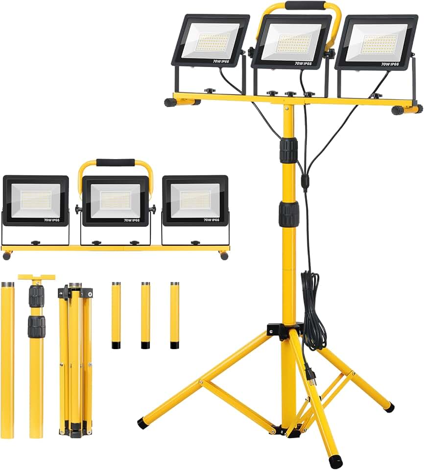 Zetunlo 21000Lumen LED Work Lights with Stand - 3 Head Portable Work Light with 16FT Cord - IP66 Waterproof Tripod Worklights for Outdoor Indoor Job Site Workshop Garage Construction Site Lighting Global Recycled Standard