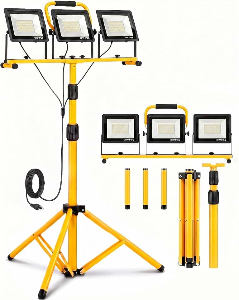 21000-Lumen LED Work Light with Stand for Job Site Garage | 3 Head Portable Tripod Worklight, 48"-72" Adjustable Height, IP66 Waterproof, 360° Rotation, Ideal for Workshop, Construction