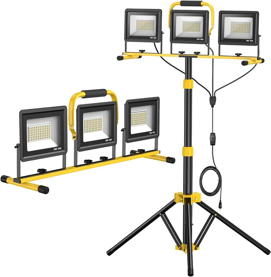 Upgraded LED Work Lights with Stand, 21000 Lumen, 3-Head Adjustable Work Light, Waterproof Foldable Tripod, Extended Cord for Outdoor &amp; Indoor Job Sites, Workshops, Construction, Garage Lighting