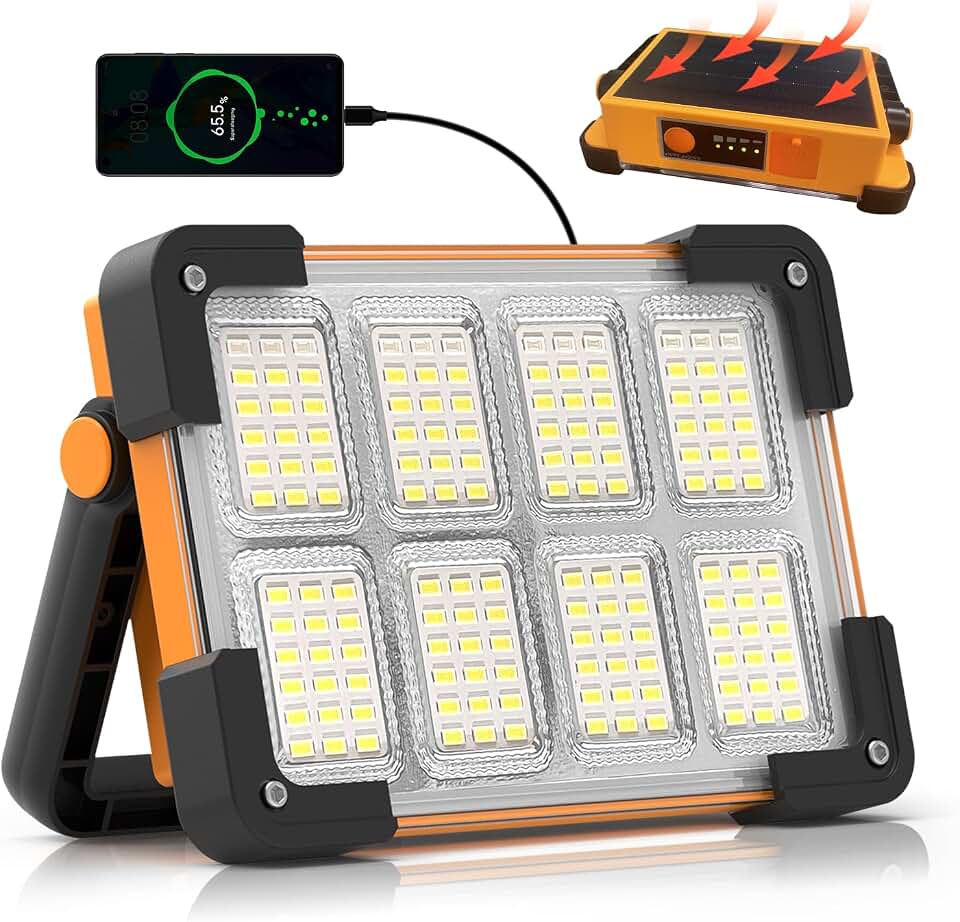 120W Solar Rechargeable 144 LED Work Light, 10000LM Flood Light | Portable Camping Light, 4 Modes, IP66 Waterproof Outdoor Job Site Light with Stand for Emergency, Garage and Repair
