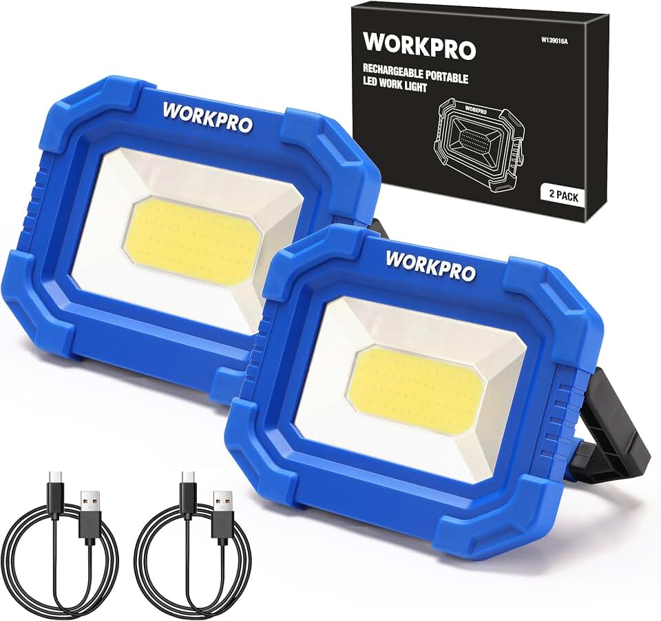 WORKPRO LED Work Light, Rechargeable Magnetic Work Lights, 2000LM, 4 Modes | Portable Flood Light with Stand, for Camping, Fishing, Car Repair, Job Site Lighting, Hiking, 2 Pack