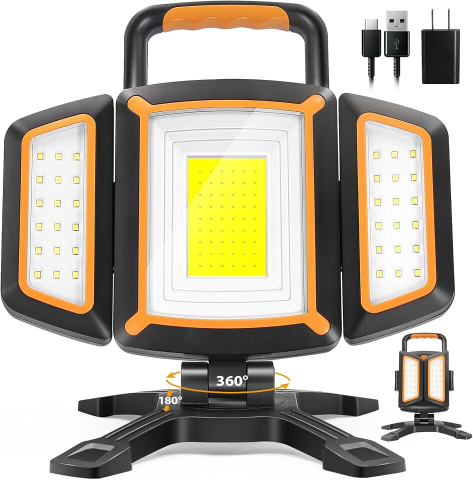 TRESDA 3000LM Rechargeable Work Light, Magnetic LED, Foldable &amp; Portable | 360° Adjustable • 4400mAh Battery • 3–9H Runtime • 5 Light Modes • Garage • Car Repair • Workshop • Jobsite • Camping