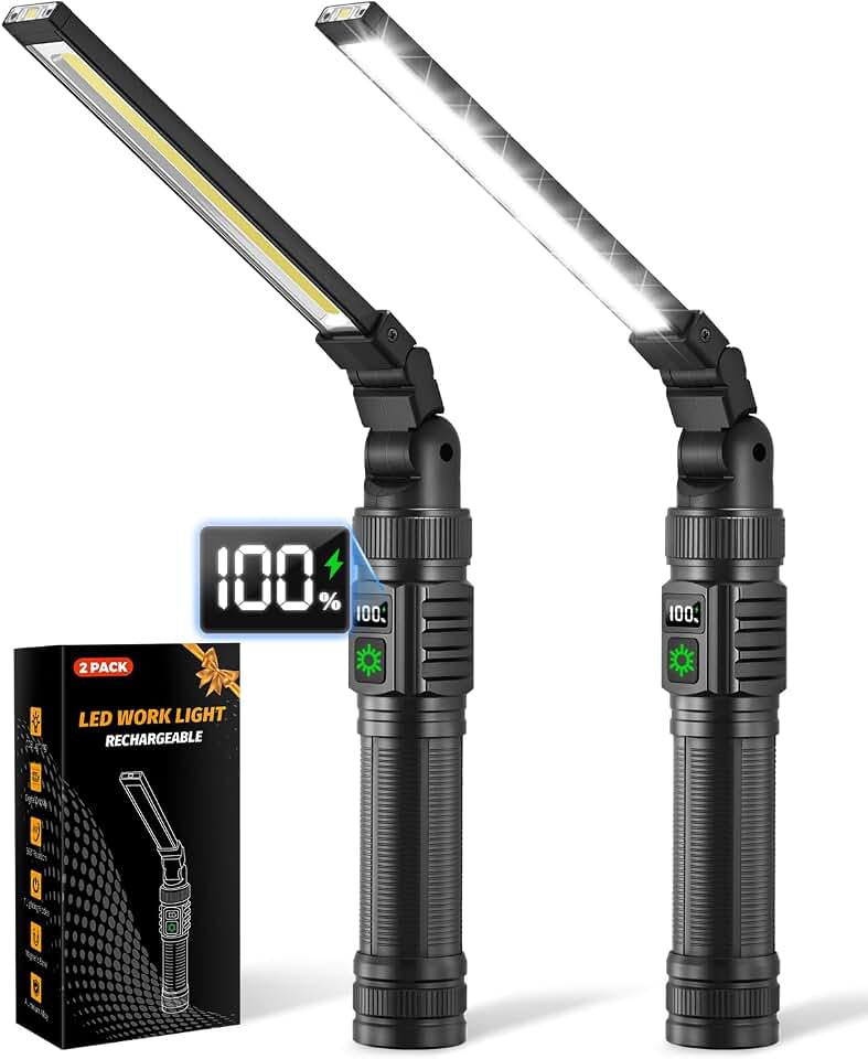2Pack Magnetic Rechargeable LED Work Light/Flashlight for Mechanics | All Aluminum, 1500 High Lumens, Digital Display, 7 Modes, 360° Rotation, for Car Repairing, Emergency, Gifts for Father