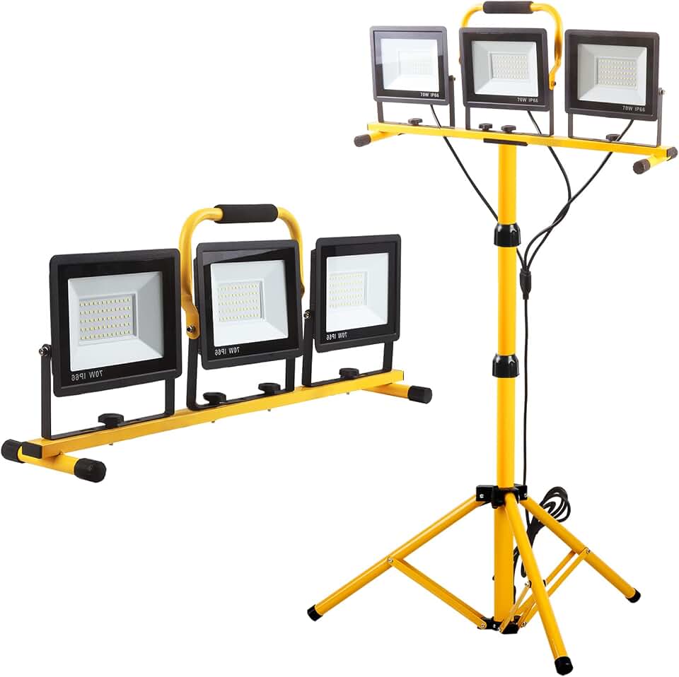 22000 Lumen Work Lights with Stand, 3 Head Portable LED Work Light, with Adjustable&amp;Foldable Tripod Stand, IP66 Waterproof Lamp for Outdoor Indoor Job Site Workshop Garage Construction Site Lighting