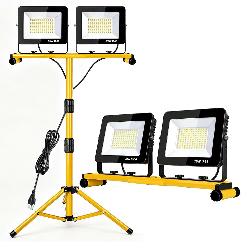 LED Work Lights with Stand, 14000 Lumen, 2-Head Adjustable Work Light | Waterproof Foldable Tripod Extended Cord for Outdoor &amp; Indoor Job Sites, Workshops, Construction, Garage Lighting