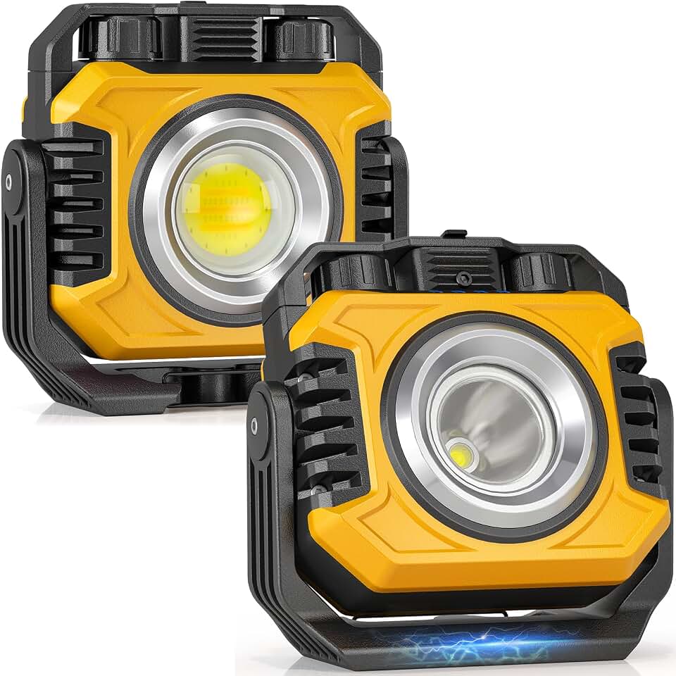 Samyoung 2-Pack 2400LM Magnetic Rechargeable Work Light, Up to 80 Hours | Dual-Sided LED Work Light, Stepless Dimming 2700K-8000K, Magnetic Flashlight with 360° Rotating Stand &amp; Hook, Yellow Global Recycled Standard