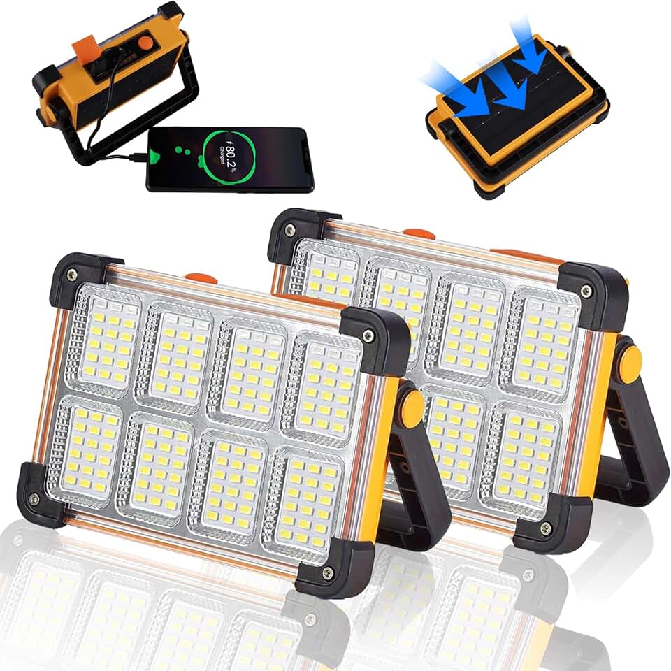 YXQUA 2 Pack 120W Solar Rechargeable Work Light, 144 LED 10000LM, IP65 | Battery Indicator, 4 Modes, Red Blue Strobe, Camping Lantern Lamp, USB-C, Portable, for Job Site, Mechanic, Emergency