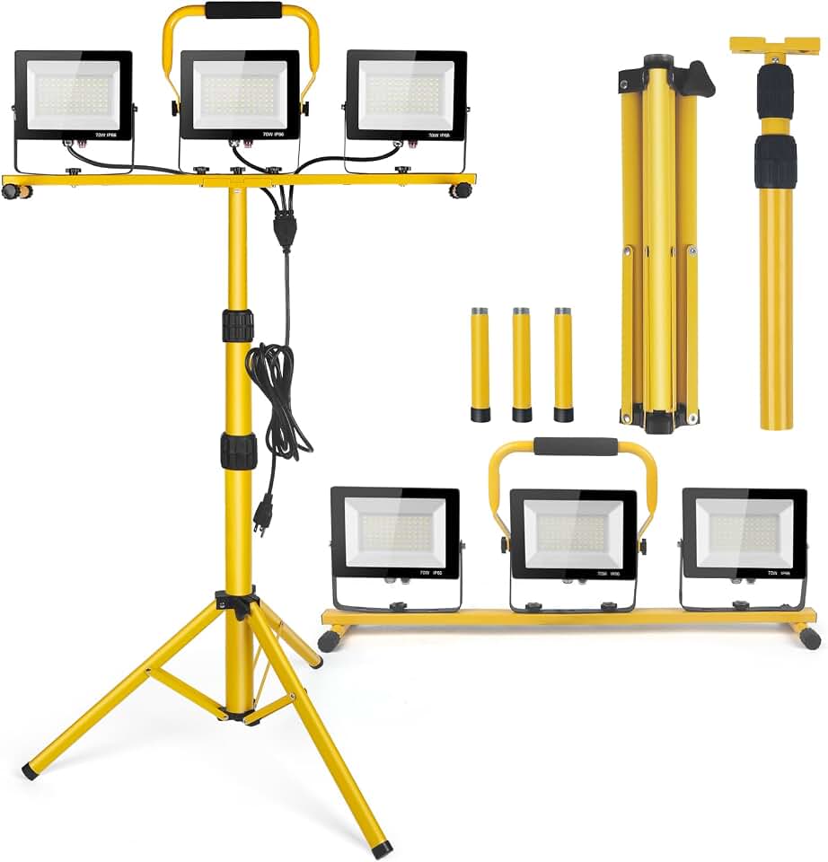 21000Lumen LED Work Lights with Stand - 3 Head Portable Work Light on Stand | IP66 Waterproof Tripod Work Lights for Outdoor Indoor Job Site Workshop Garage Construction Site Lighting