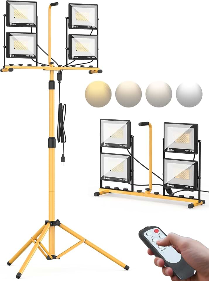 32000 Lumen LED Work Light with Stand, 4-Head Tripod, Remote Control | 280W, 3000K-6000K, IP66 waterproof, 16.5 ft cord, detachable heads, foldable tripod for construction, workshops, and garages