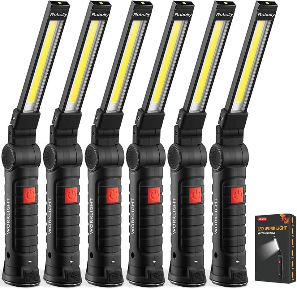 6Pack Magnetic Rechargeable LED Work Light/Flashlight for Mechanics | 360° Rotation, Super Bright, 5 Modes, Compact, Tail Hook, for Car Repairing, Garage, Emergency, Workshop, Gifts for Father
