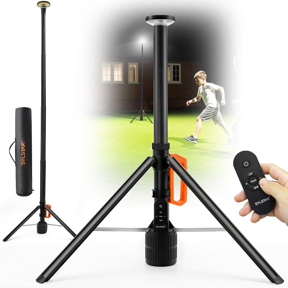 SYLSTAR 360° Rechargeable Work Light with Remote &amp;Telescopic Stand (8.4Ft), 3000LM Ultra Bright 3CCT Dimmable, 6000mAh Battery, Portable Camping Light for Jobsite Workshop Sports Emergencies