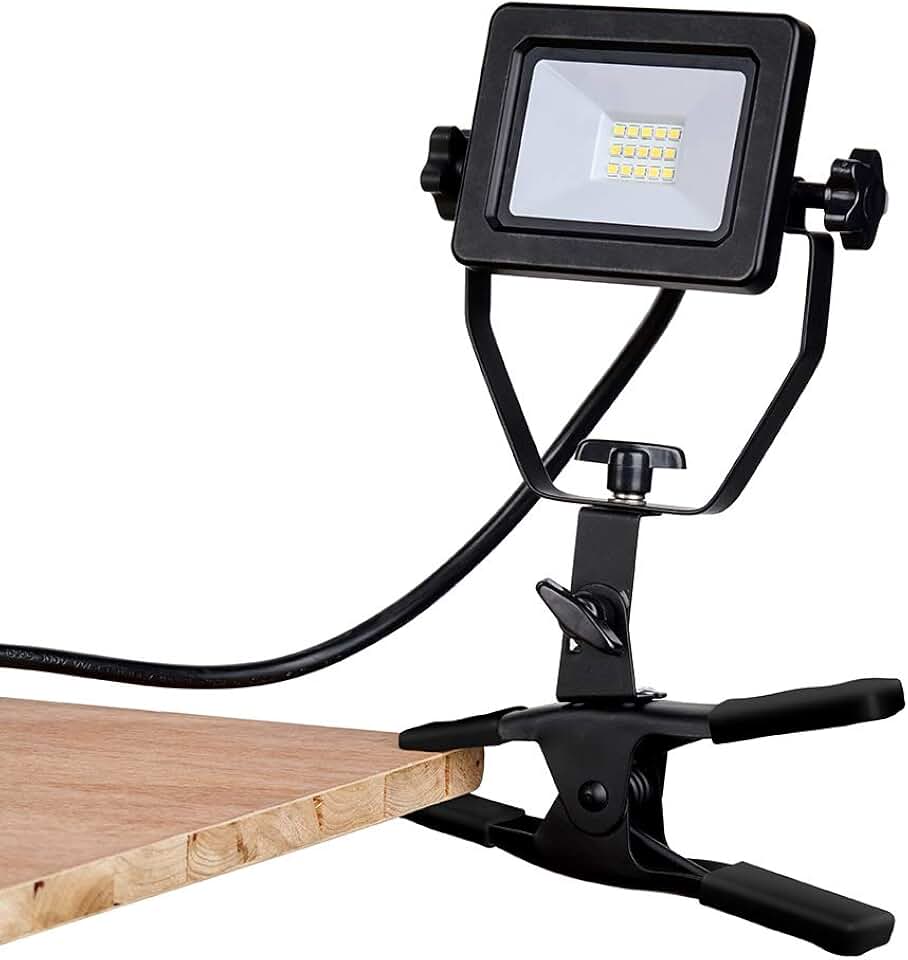ZONE 1200 Lumens LED Clamp Work Light, 10W 5000K, ETL Listed, Wet Rated | One-pack with 5ft power cord 120V AC and strong metal jaw for garages, workshops, job sites, closets, and cabinets