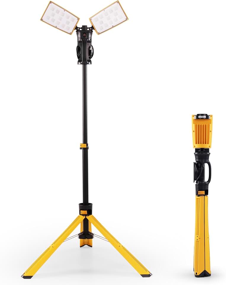 LUTEC Upgraded 5000K 15000 LM 105 W LED Work Light with Telescoping Tripod | Dual Head, Work Light with Stand, Rotating IP54 Lamps, Horizontally 330°, Vertically 90°, 8 Ft 3-Prong Power Cord