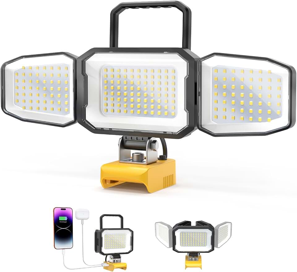 LED Work Light Compatible with DeWalt 20V Battery, 150W 15000LM Flood Light, 6500K Daylight 3-Head Adjustable, USB Type-C&amp;2 Brightness Modes Portable Flashlight Job Site Light (Tool Only)