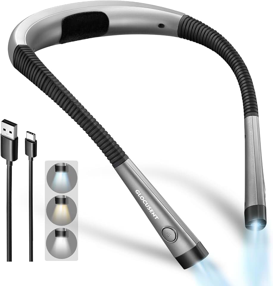 Glocusent Reading Light,Bendable Neck Light,80-hr Rechargeable Book Light | 3-Color&amp;6-Brightness, USB-C,Hands free LED Neck Reading Light,Women, Knitting, Repairing,Crafting, Wearable,Book Lovers Gifts Global Recycled Standard
