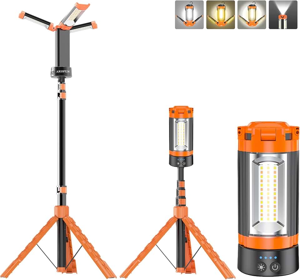 AKOFUN 12000mAh Camping Light with Stand, Portable Rechargeable Work Light | 10000 Lumen Dimmable Cordless Work Light with 3 LED Lamp Heads, Magnetic Emergency Flashlight with 79" Detachable Tripod