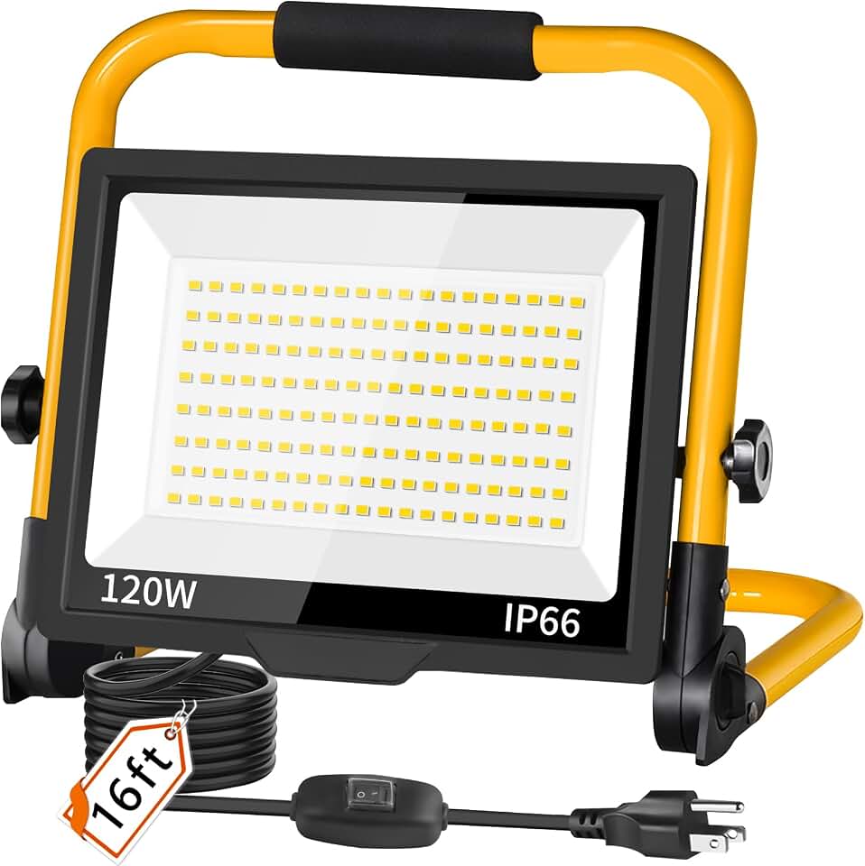 14400LM LED Work Light with 16FT Cord &amp; Switch, IP66 for Garage Workshop | 120W Flood Light Plug in Outdoor, Portable Worklight with Stand, 5000K Daylight for Construction Job Site Car Repairing