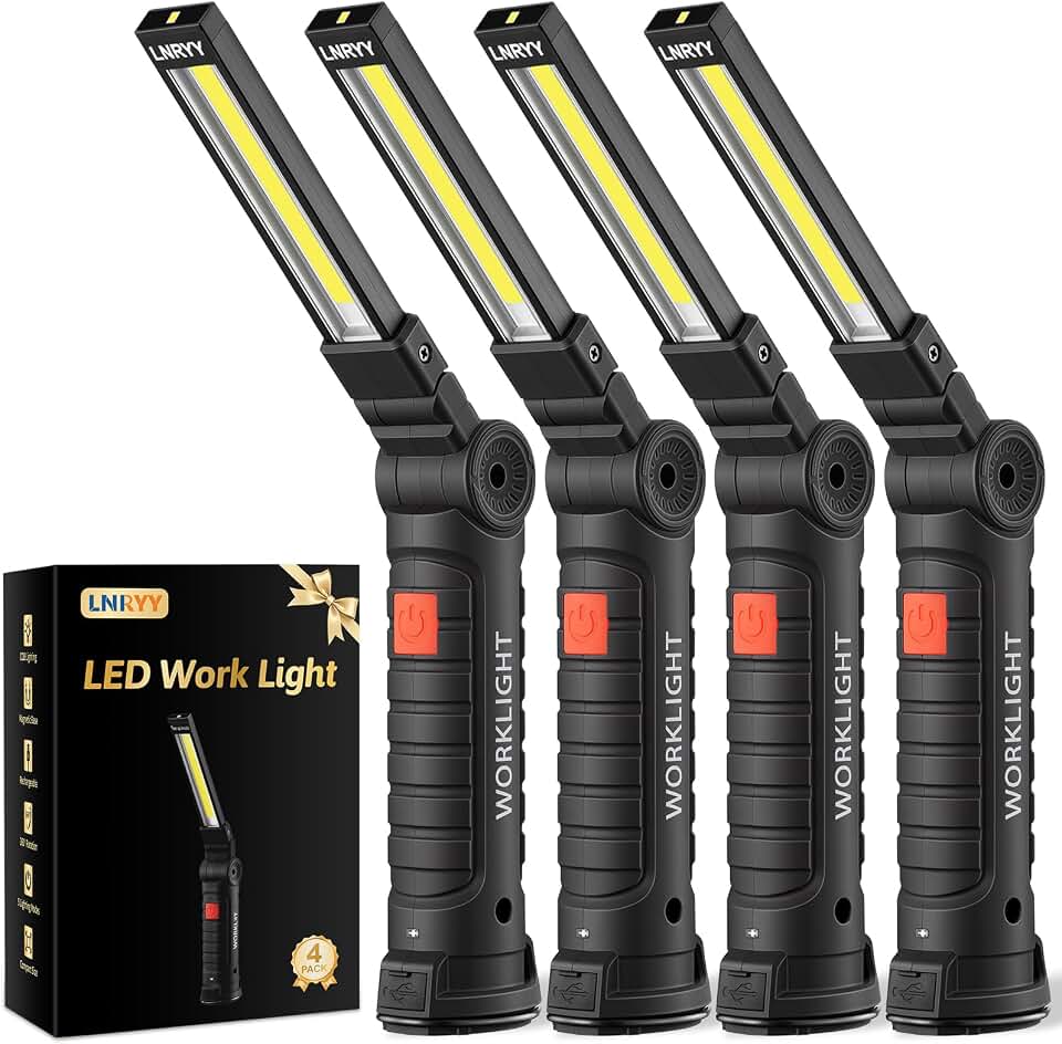 LNRYY 4Pack Rechargeable Magnetic LED Work Light/Flashlight for Mechanics | 360° Rotation, 5 Modes, Super Bright, Tail Hook, Compact, for Car Repairing, Emergency, Workshop, Garage, Gifts for Father