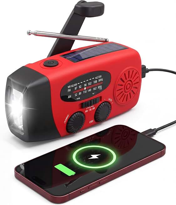 Hand Crank Radio with LED Flashlight,2000mAh NOAA AM FM Emergency Radio | Cranked,Solar Power,USB-C Charger,Lightweight &amp; Compact,Portable Radio,Bright LED Flashlight,for Power Outage,Emergencies,Red