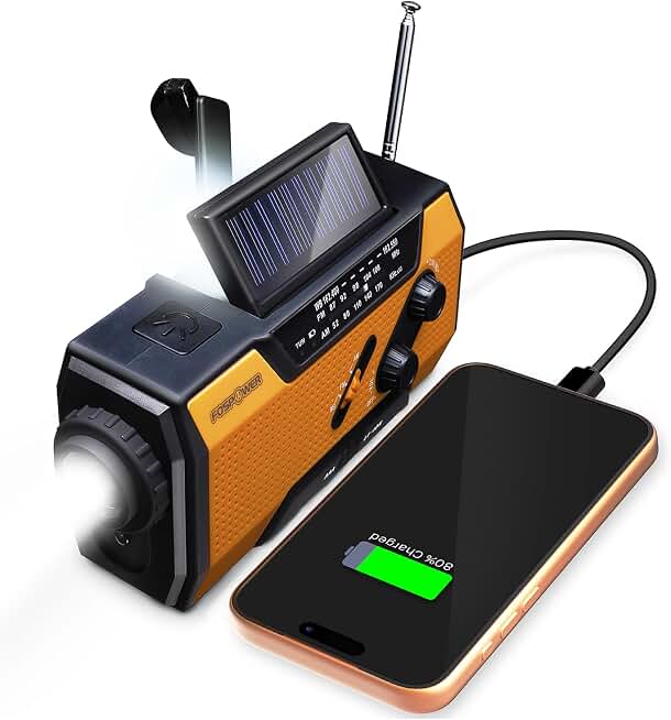 FosPower NOAA Emergency Weather Radio A1 7400mWh Solar Hand Crank (Orange) | AM/FM/WB power bank 4 power options SOS alarm LED flashlight &amp; 4 LED reading light for outdoor emergency &amp; power outage use.