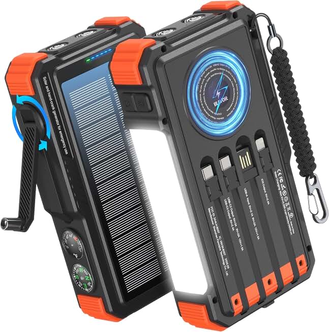 BLAVOR Solar Power Bank with Hand Crank and Built-in 4 Cables 20000mAh | Wireless Charging, Camping Light, Dual Flashlight, 20W Fast Charging, Battery Pack for iPhone, Samsung, All Mobile Phones Global Recycled Standard