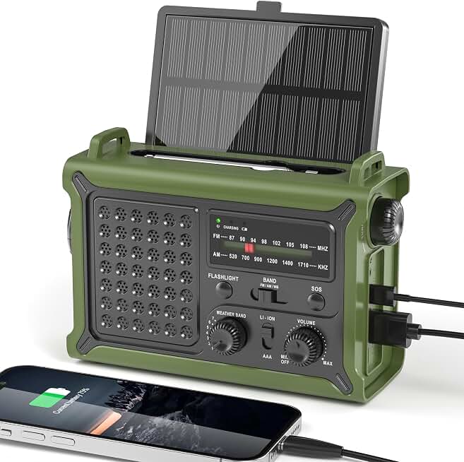 Solar Radio Emergency Hand Crank 12000mAh with Clear Signal | AM FM NOAA Weather Radio Battery Operated with 2-Mode LED Flashlight Cell Phone Charger Dual Outputs SOS