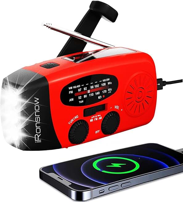 iRonsnow Solar Emergency Hand Crank Weather Radio, 2000mAh NOAA AM/FM | Portable Self Powered Radios with SOS Alarm LED Flashlight Smart Phone USB Charger for Camping (Red)