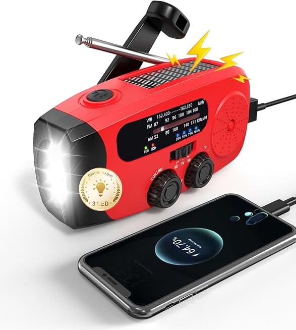 Emgykit Hand Crank Radio with AM/FM/NOAA Weather Band,for Emergencies | 3 LED Flashlights,SOS Function,Solar Powered,Hand Cranked, 2000mAh/7400mWh Charger,for Power Outage - Red