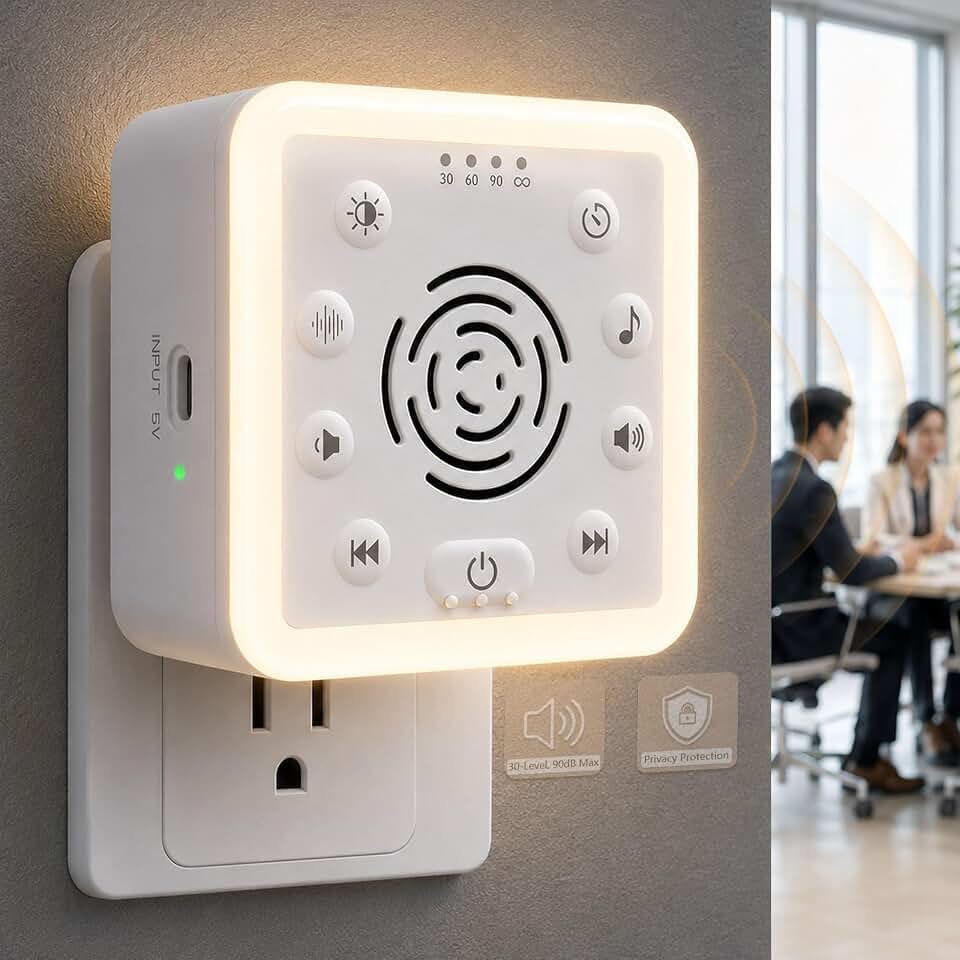 Office Privacy &amp; Noise Canceling White Noise Machine: 90dB 30-Level Volume | Wall Plug-in Therapy Sound Masking Machine, 30 Non-Looping Sounds &amp; Dimmable Night Light for Sleep, Easy to Use, Compact Size