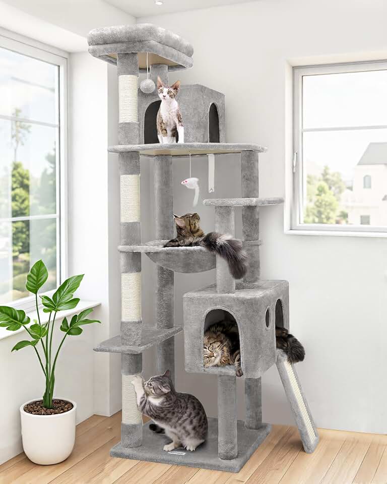 Globlazer F70 Pro Heavy Duty Cat Tree Tower for Indoor Cats Large Adult | 70in Sturdy Extra Large Cat Tower with Scratching Post, Cat Condo for Adult Cats Kittens, Hammock, Padded Perch, Light Grey Global Recycled Standard