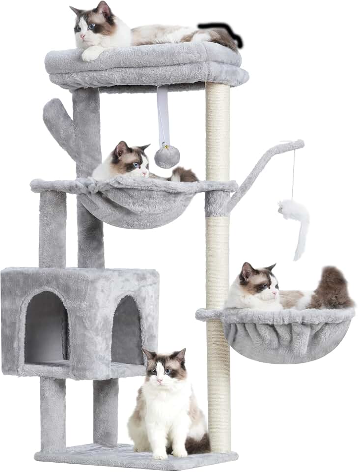 Heybly Cat Tree, 40" Tower with All-Sisal Wrapped Scratching Post HCT006SW | Cat Tower for Indoor Cats, Cat Condo with Soft Platform, 2 Baskets and Dangling Toy, Light Gray Global Recycled Standard