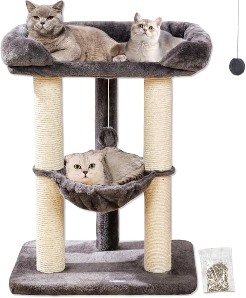 Happi N Pets 28" Cat Tree, Large Bed for Big Cats, Small Cat Tower with Soft Perch for Window Viewing, Stable Cat Tree Tower, Cat Scratching Post with Hammock, Removable Cover-Gray The Forest Stewardship Council