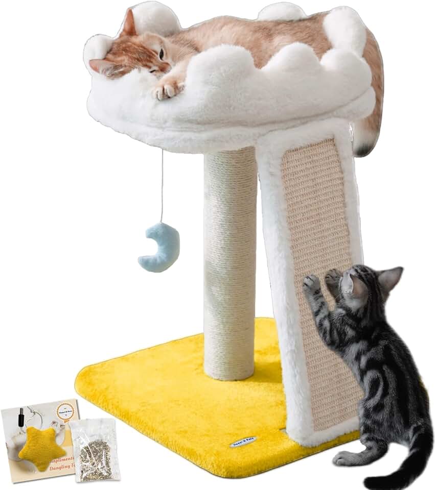 Happi N Pets Cat Tree, Cloud Cat Tower with Soft Bed, Cat Scratching Post &amp; Pad with Larger Perch for Window Viewing, Small Cat Tree with Cute Toys, Bonus Catnip