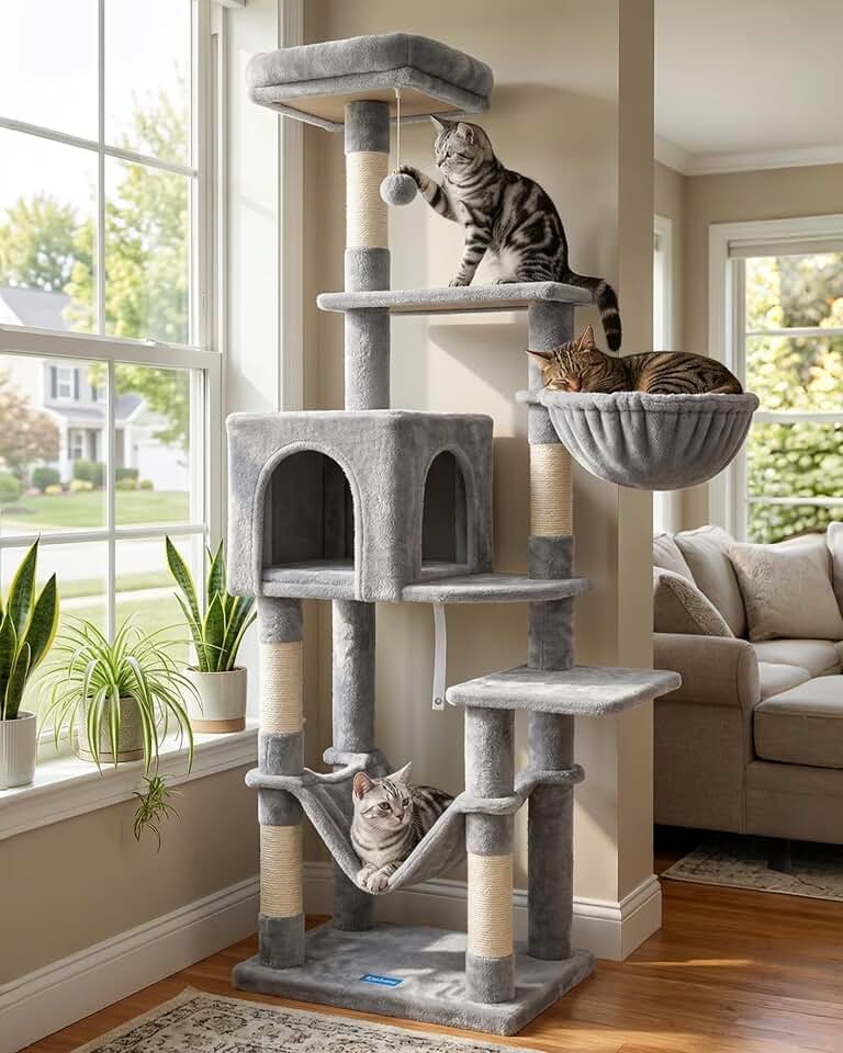 Hey-brother Cat Tree, Multi-Level Sisal Covered Scratching Posts, MPJ050W | 60.6 Inches Tower with Condo, Large Hammock, Top Perch, Toy Ball for Indoor Multi-Cats Households, Light Gray Global Recycled Standard