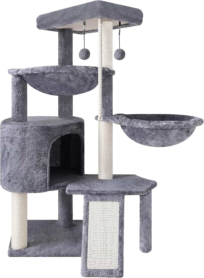 Three Layer Cat Tree with Cat Condo and Two Hammocks,Grey | 3-Tier Cat Tree,Scratch Pad ,Natural Sisal,Replaceable Hanging Balls,Sturdy Cat Furniture for Kitten&amp;Adult Cat