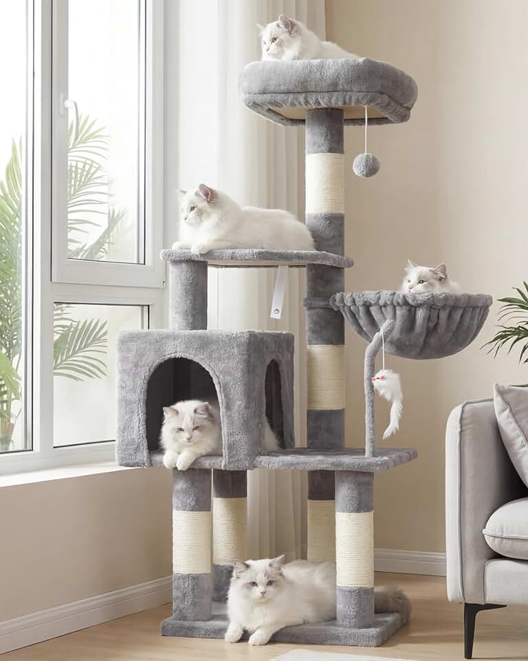 Heybly Cat Tree with Toy, 43.3 inch Cat Tower for Indoor Cats HCT004SW | Cat Condo with Durable Sisal Scratching Posts, Cat House with Padded Plush Perch, Cozy Hammock, Light Gray Global Recycled Standard